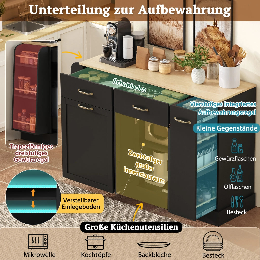 Credenza da cucina con vano pattumiera, ripiani aperti per spezie e vani contenitore, nera in MDF, 133.5 × 40 × 86 cm