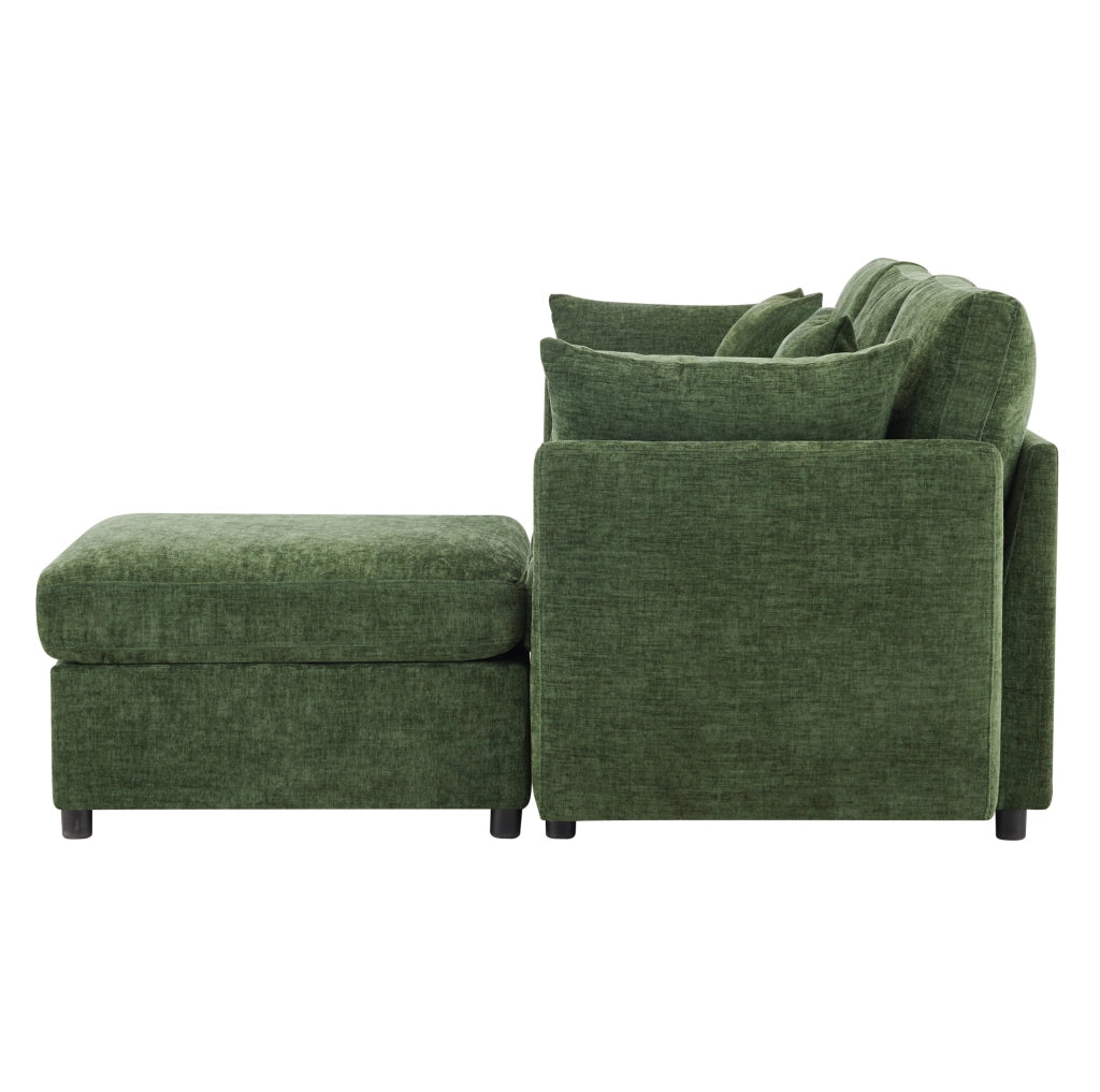 Divano modulare configurabile a L con pouf mobile; 3-4 posti; chenille verde; 216 x 161 x 81 cm