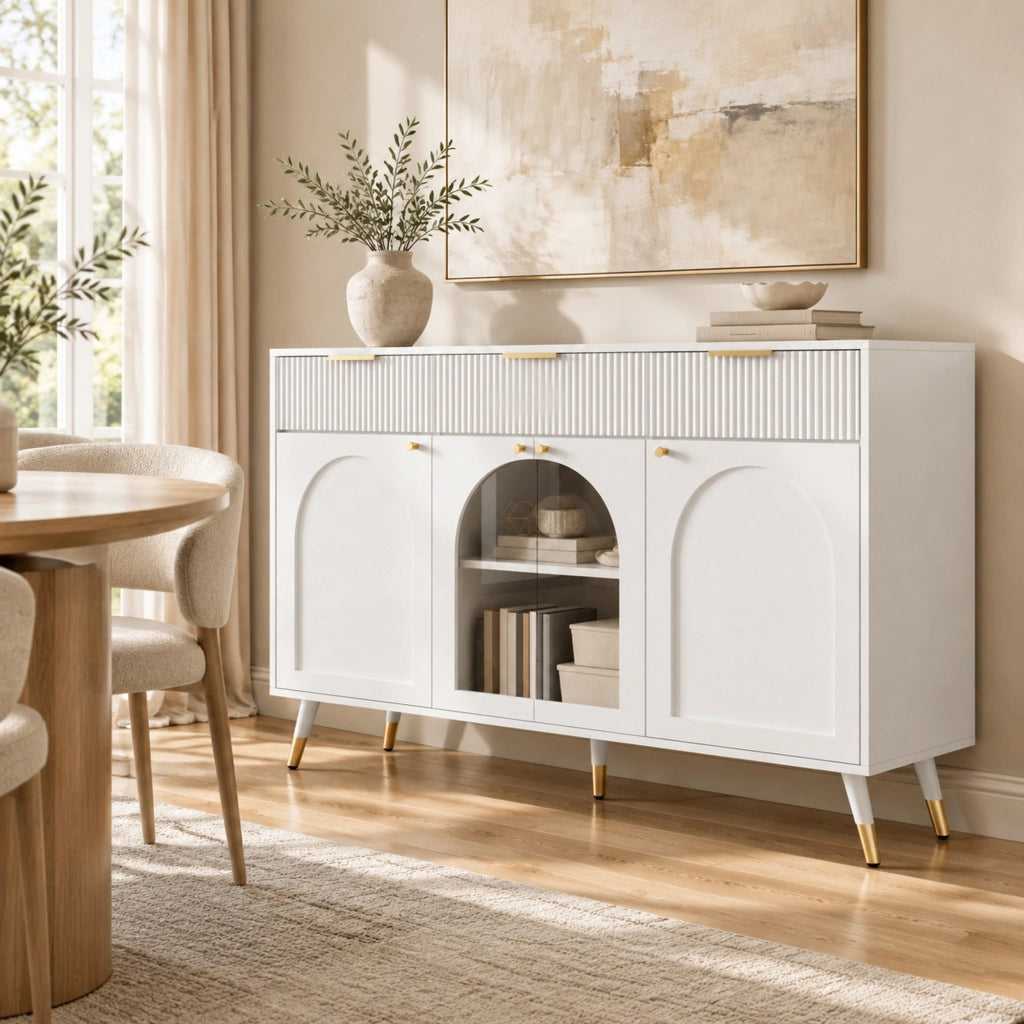 Credenza 4 ante e 3 cassetti con inserti in acrilico trasparente per soggiorno e sala da pranzo in MDF bianca