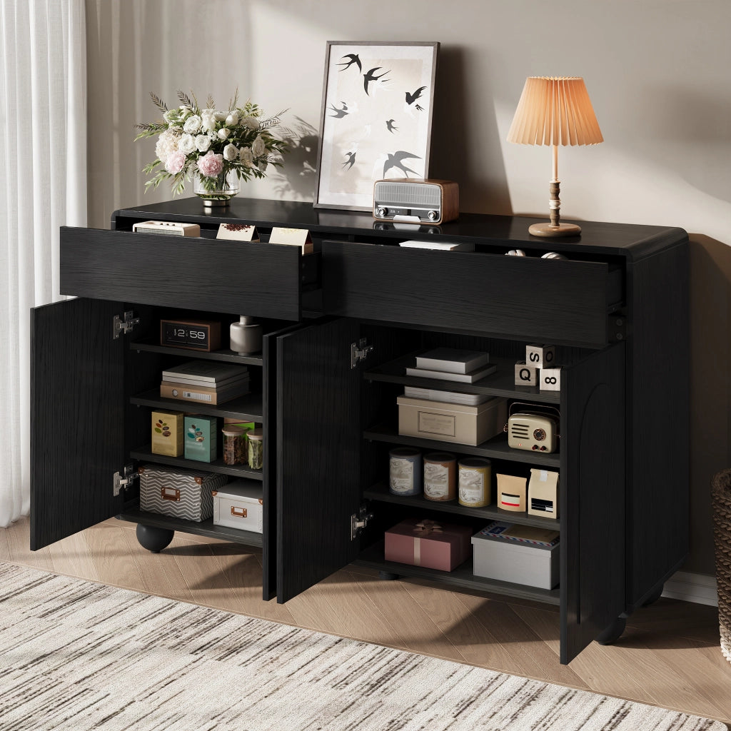 CREDENZA con 2 cassetti e 4 ante 140x38x89 cm Nero in MDF