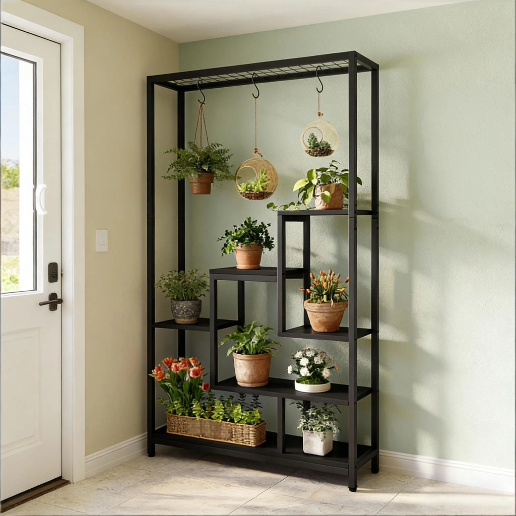 Scaffale con ripiani e ganci per piante; libri e decorazioni; metallo e legno; nero 108×37×19 cm