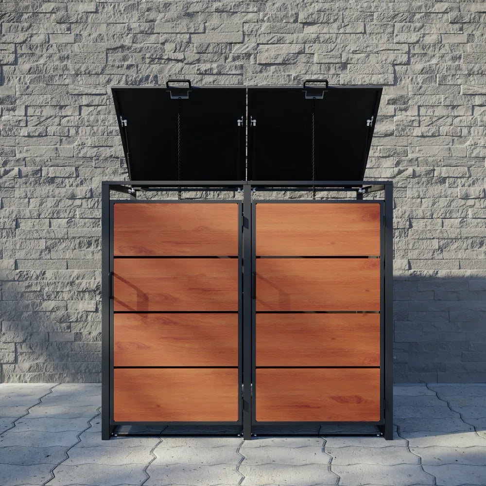 Copri bidoni 2 cassonetti 120L 116x60x105cm in acciaio zincato profili neri con pannelli effetto legno | Kubo