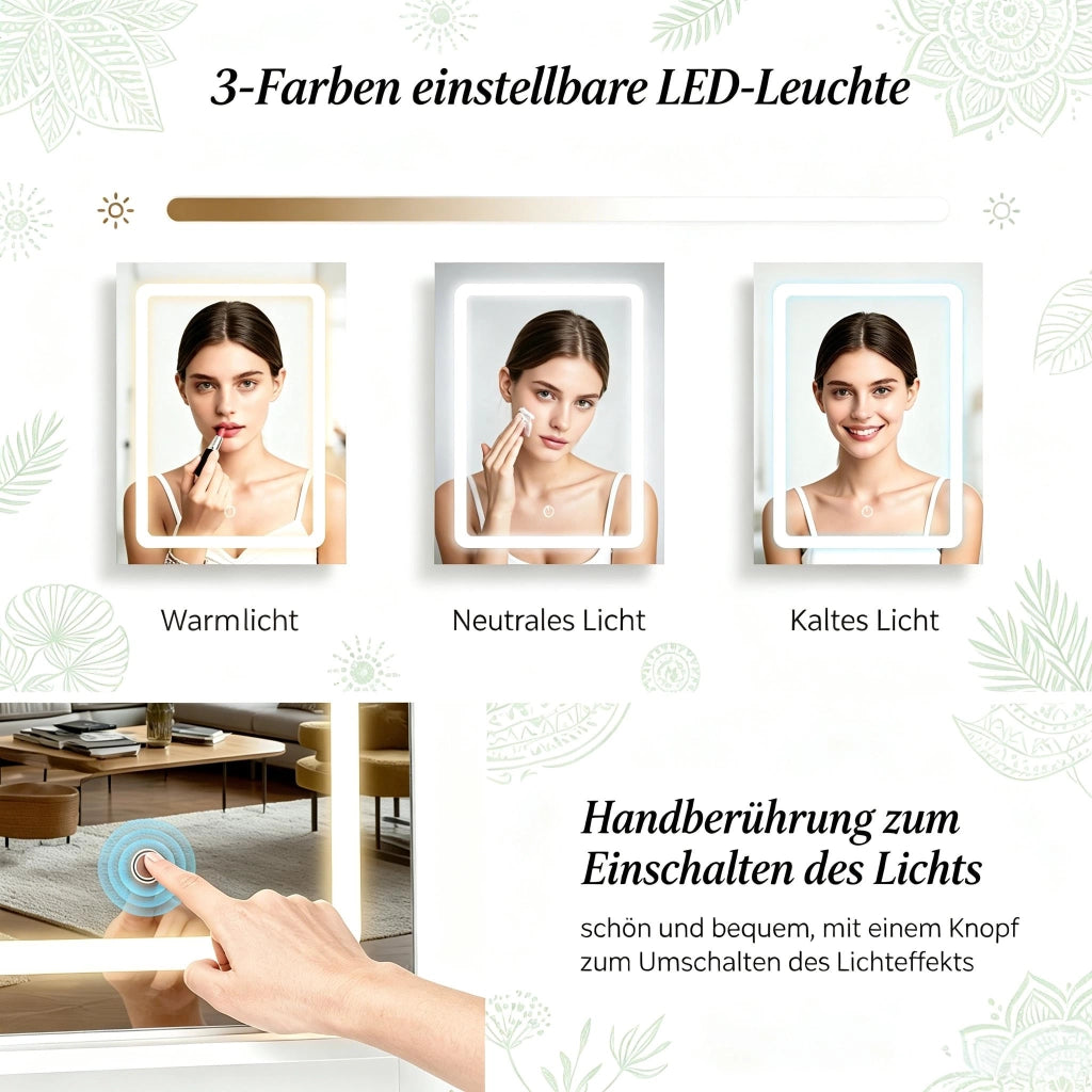 Tavolo da toeletta con specchio LED a 3 luci, cassetto, ripiani e vani, moderno, per camera, bianco, 80 × 40 × 140 cm