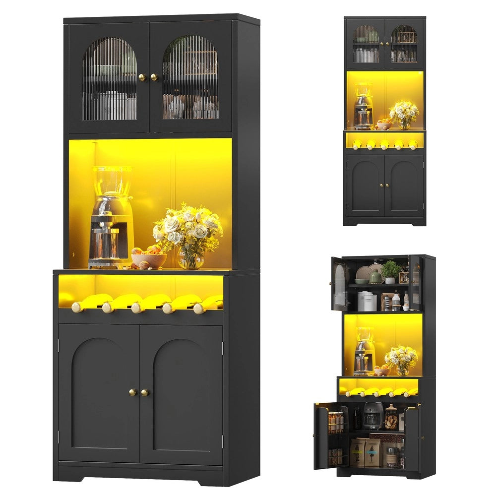 Mobile Buffet Alto con Luci RGB ¨C Minimal ¨C Nero 180cm Ante in Vetro Scaffali Regolabili