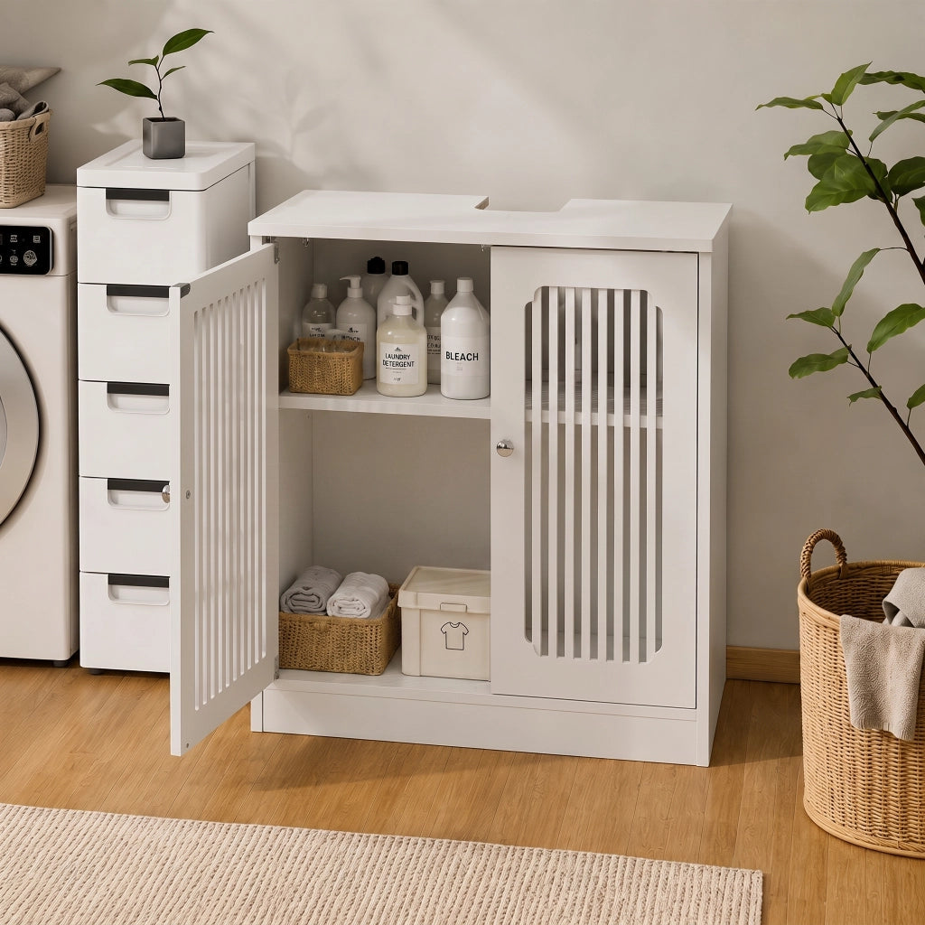 Mobile sottolavabo con 2 ante a lamelle e ripiano regolabile, bianco, per bagno e lavanderia, in MDF e truciolare