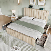 Letto matrimoniale imbottito con testiera USB e 4 cassetti, beige