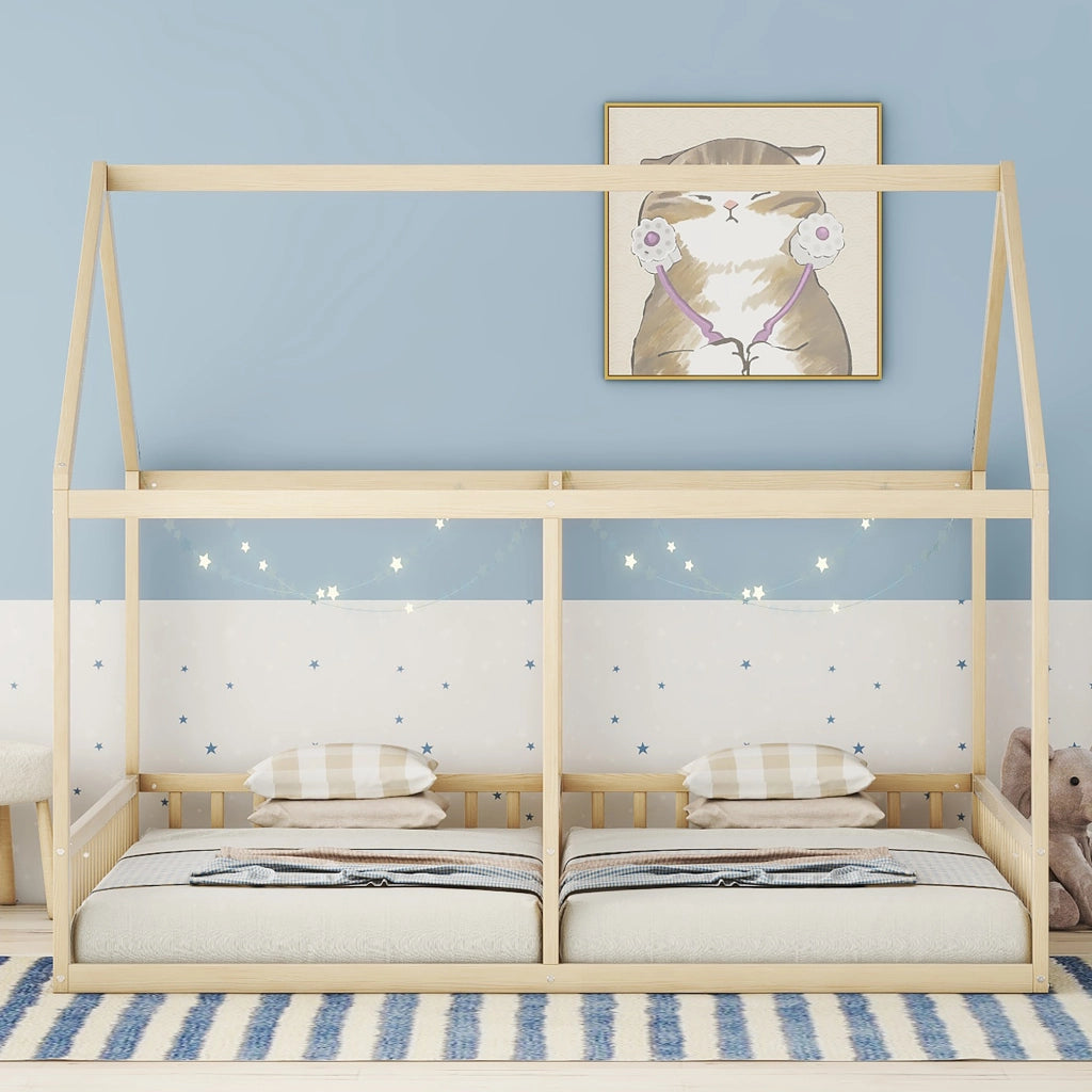 Letto per Bambini 90 x 200 cm - con Sponde; Modello Casa - in Pino e MDF - Naturale