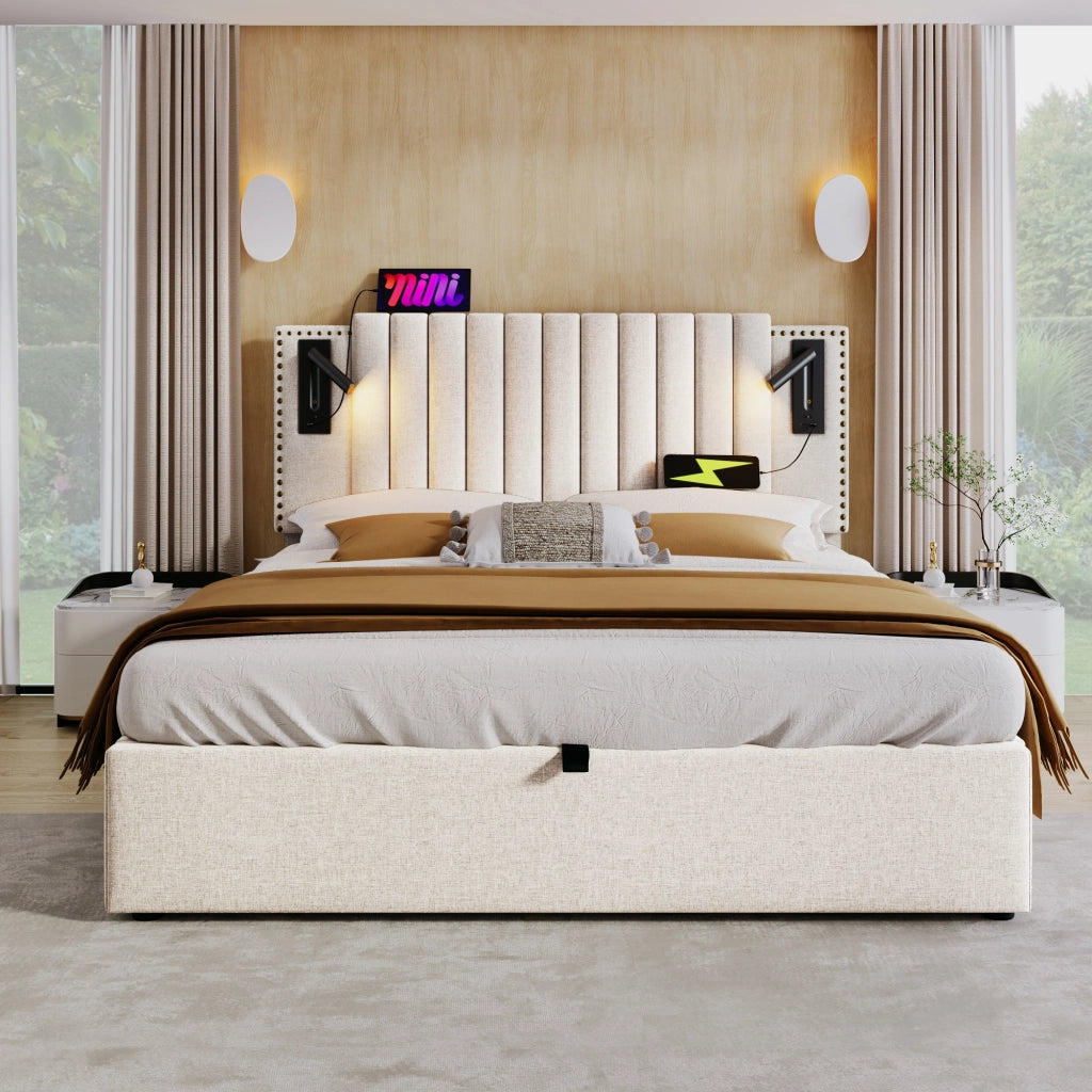 Letto matrimoniale 160 ¡Á 200 cm con contenitore testiera regolabile luce da lettura USB Type C cotone beige