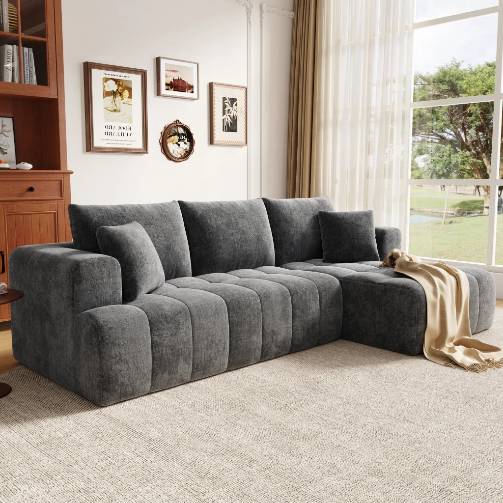 Divano angolare modulare 3-4 posti senza struttura con chaise longue, design basso e cuscini in ciniglia grigio