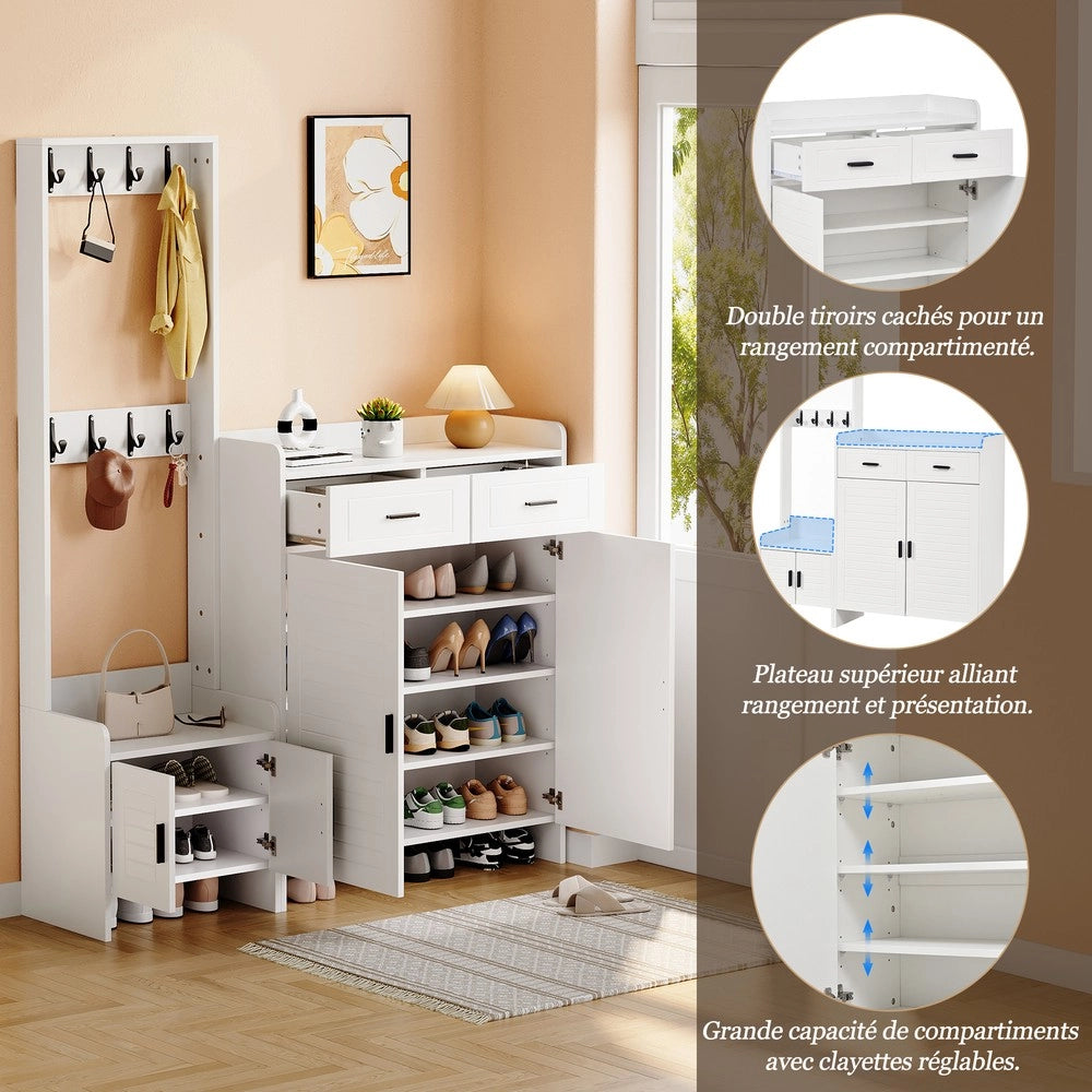 Set appendiabiti e scarpiera ingresso ¨C Minimal ¨C bianco, 2 cassetti 2 ante 6 ripiani 8 ganci, 125x36x165 cm