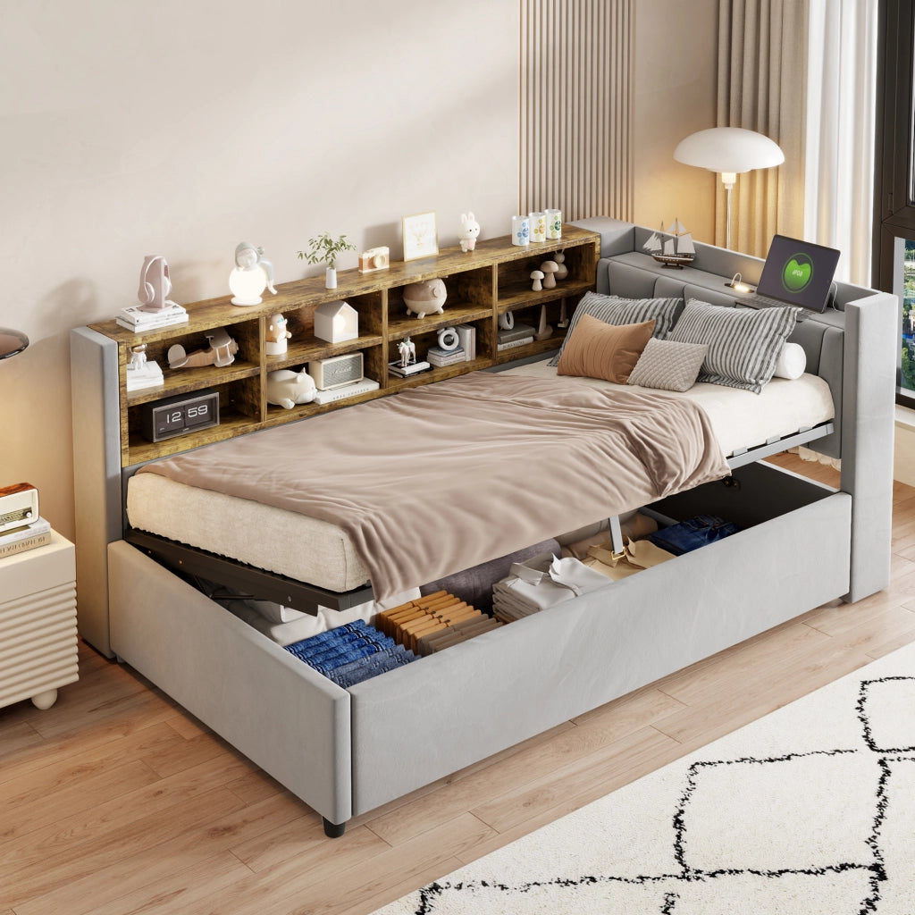 Letto divano singolo 90 × 200 cm con contenitore idraulico; luce notturna; USB e Type-C; senza materasso; grigio chiaro