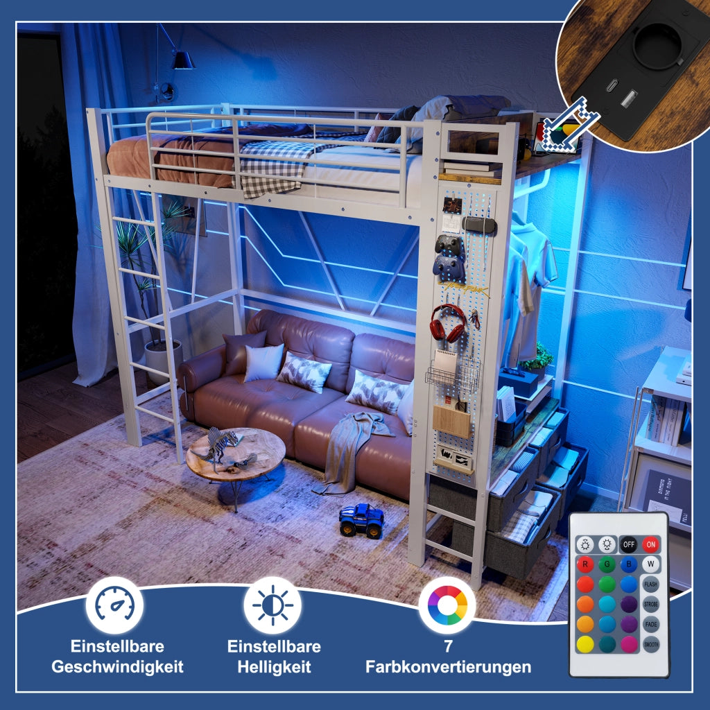 Letto a soppalco 90 × 200 cm con 4 cassetti LED prese USB e Type-C in metallo e MDF bianco