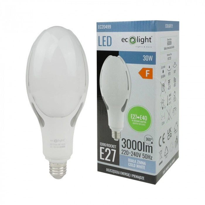 Ecolight Lampadina LED 30W 3000lm 6000K E27-E40 con adattatore