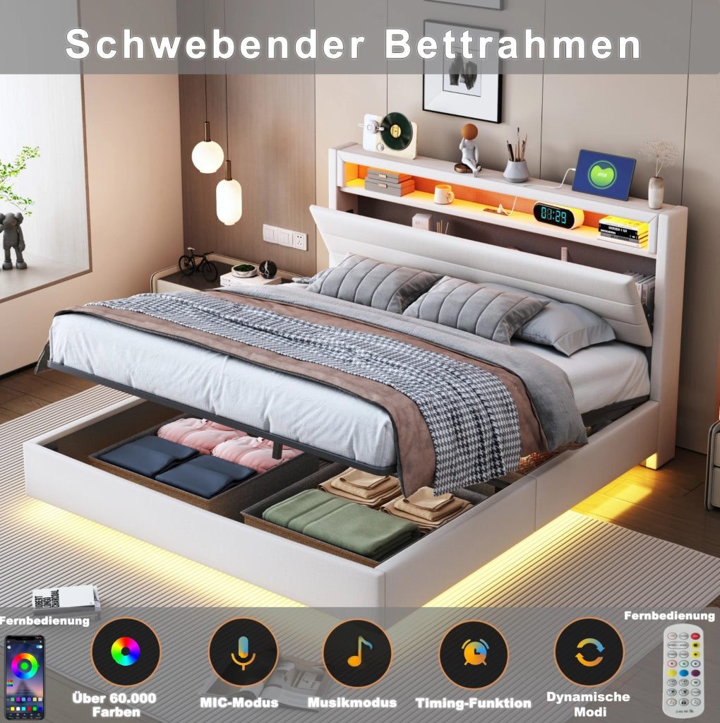 LETTO Imbottito 160x200 cm Beige con USB, LED e contenitore idraulico