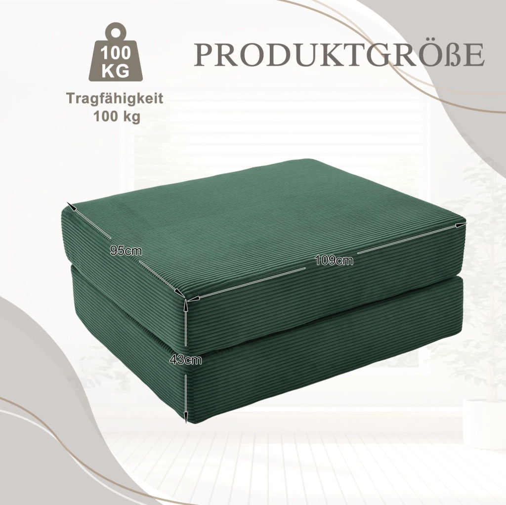 Pouf poggiapiedi pieghevole convertibile in letto singolo; in corduroy verde smeraldo 109x95x43 cm