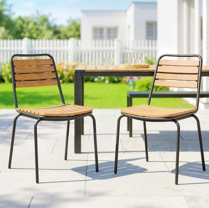 Set di 2 Sedie da Giardino in Acciaio e Legno di Eucalipto, Impilabili, Portata 160 kg, Colore Naturale