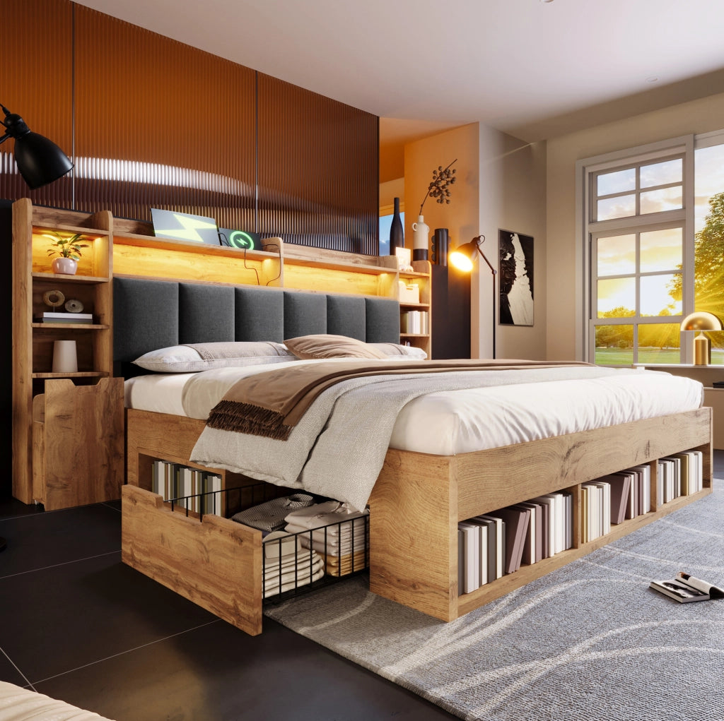 Letto matrimoniale 180x200 cm in rovere con testiera imbottita e illuminazione LED, comodini con porte USB e cassetti con ruote, rete a doghe in legno senza materasso