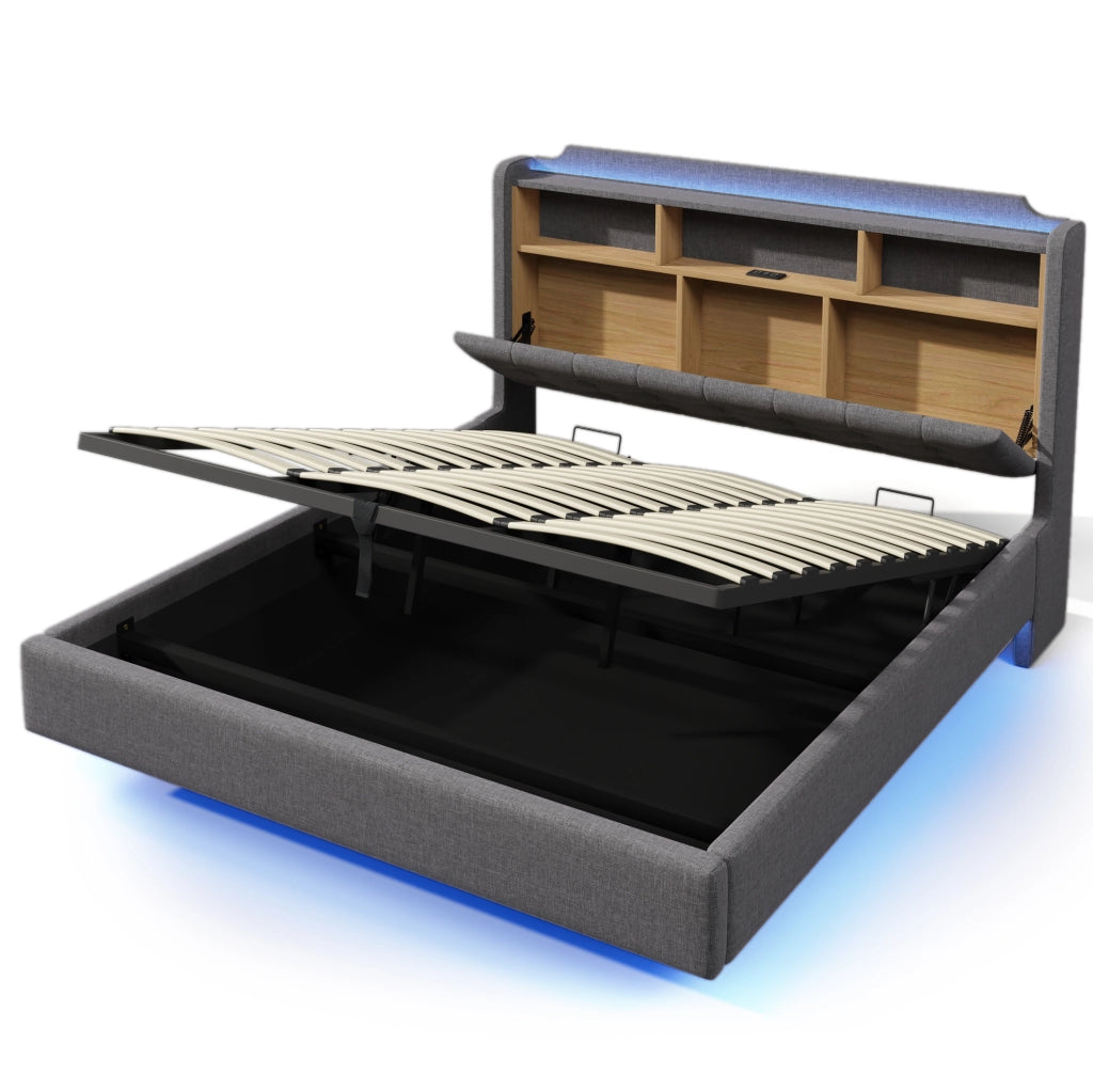 Letto imbottito 180x200 cm con contenitore idraulico, LED, USB e USB-C in lino grigio