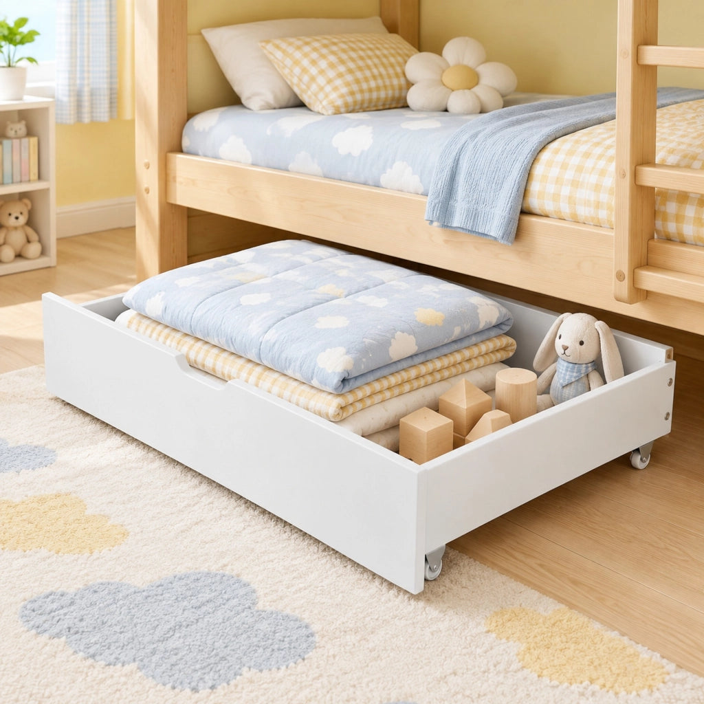 Cassetti contenitori sottoletto con ruote in MDF bianchi per letto da 90 × 200 cm 93 × 66.5 × 20 cm