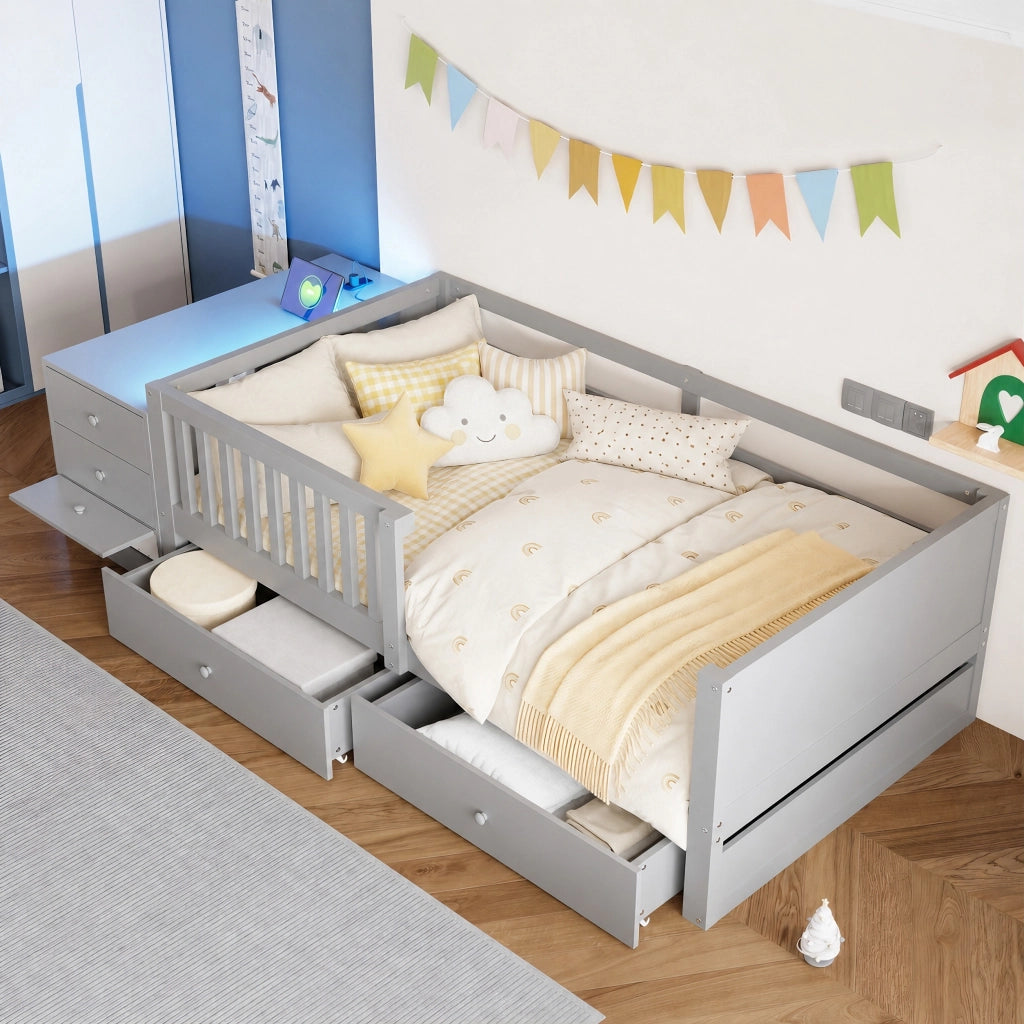 Letto per bambini 90 x 200 cm - letto singolo con contenitore, scrivania, 2 cassetti, ripiani, presa, LED e sponda di sicurezza - legno e MDF - grigio