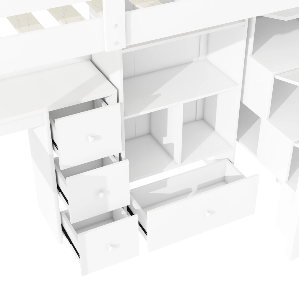 Letto a soppalco per bambini 90x200 cm bianco con scrivania, pino e MDF