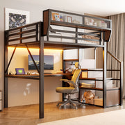 Letto a Soppalco 140x200 in Metallo con Scrivania; Luci LED e Prese Integrate; Nero