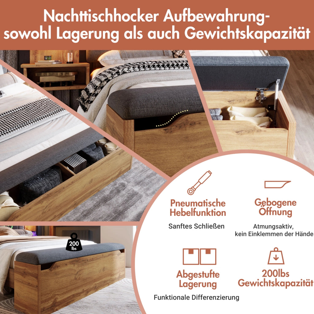 Letto 180x200 cm con comodini; panca contenitore; luci di lettura e USB/Type-C; effetto rovere