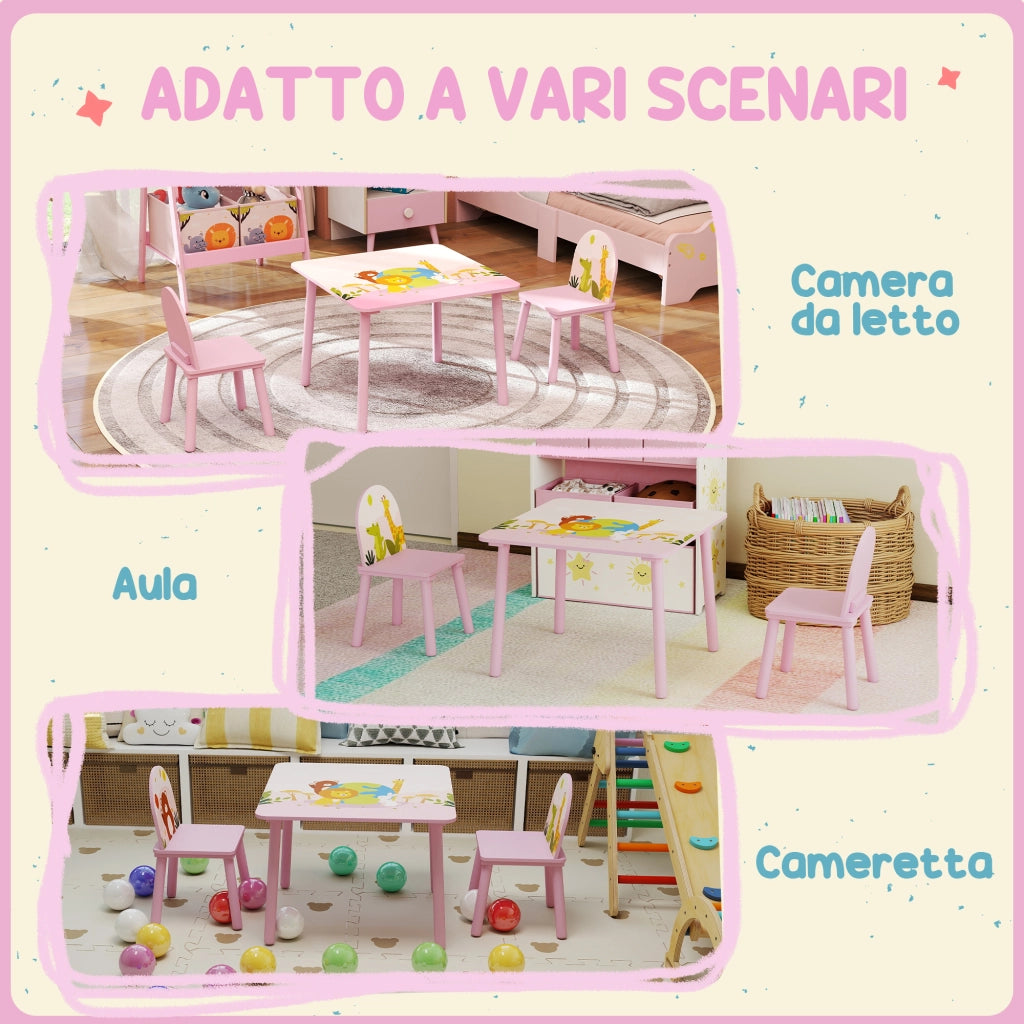 Set 3 Pezzi Tavolo e Sedie per Bambini 3-8 Anni in MDF e Legno di Pino Rosa con Motivi Animali Bordi Arrotondati Robusto Facile da Montare