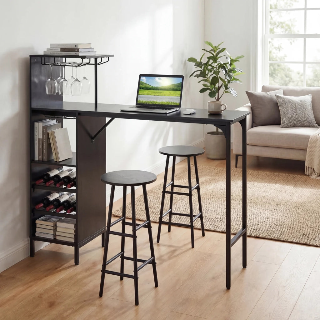 Set tavolo e sgabelli da bar 3 pezzi neri, design industriale, con portabicchieri e 6 portabottiglie, 120 cm, robusto, salvaspazio per casa