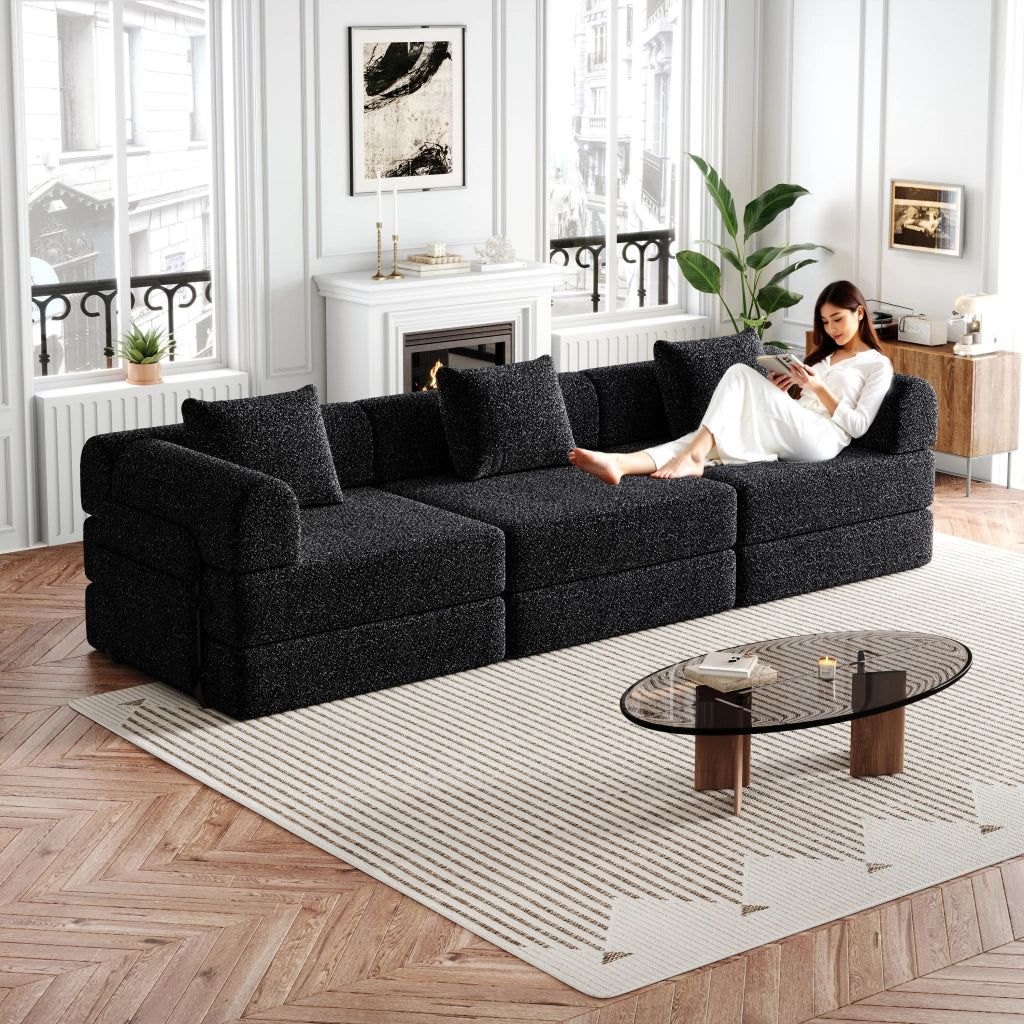 Divano letto singolo modulare 2 in 1 con vano portaoggetti nel bracciolo e base antiscivolo, in ciniglia nera