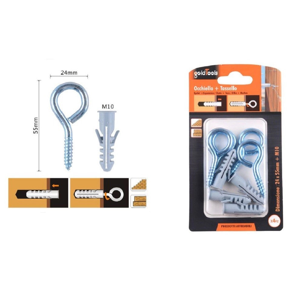 Trade Shop - Set 4pz Vite A Occhiello Chiuso 24x55mm + Tasselli Con Alette Tassello M10 90728 -
