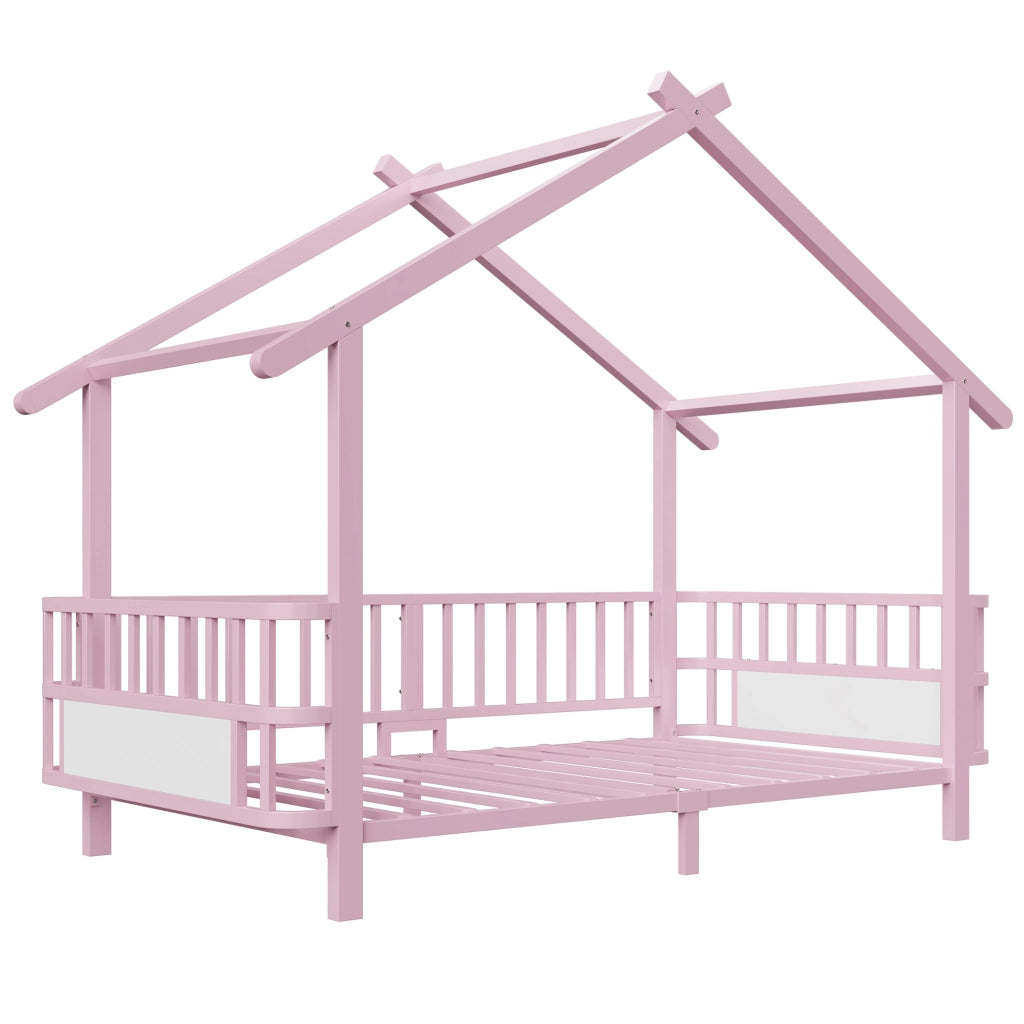 Letto per bambini in metallo a forma di casa, 90 x 200 cm, con griglia di sicurezza, design a tetto e cornice decorativa, per bambini e bambine, Rosa