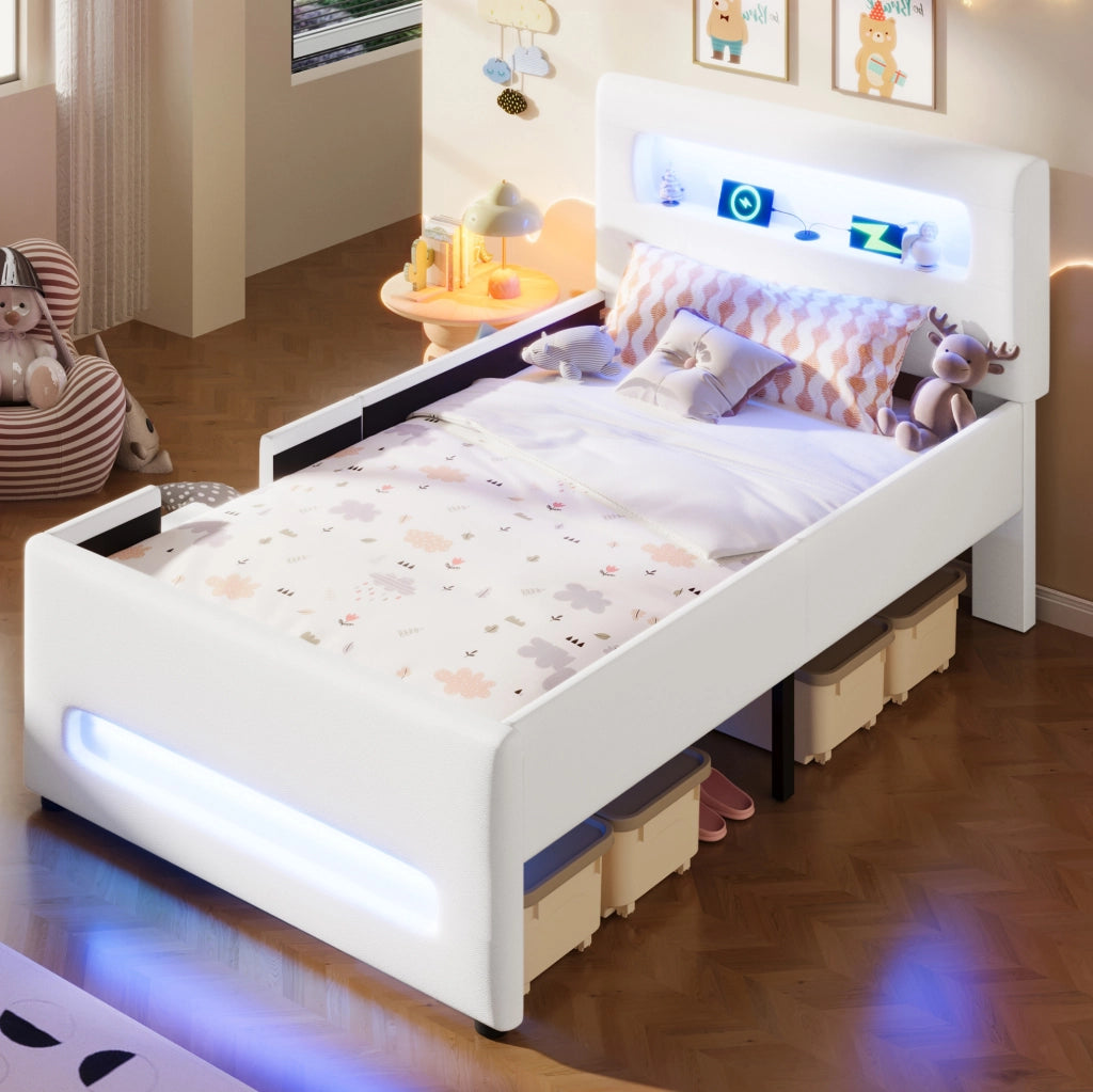 Letto piattaforma imbottito 90x200 cm bianco con cassetti, LED, USB e scaletta