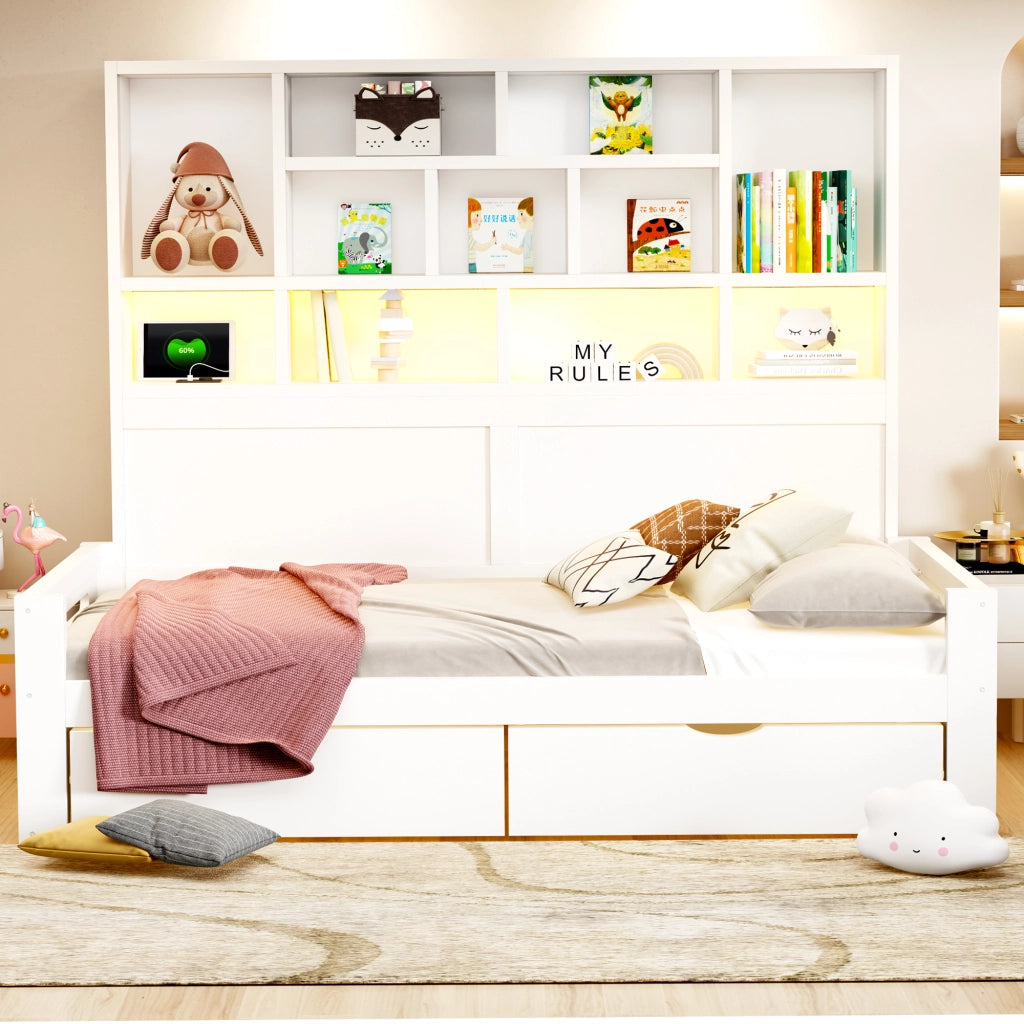 Letto con cassetti 90 × 200 cm con testiera a ripiani LED e prese elettriche in MDF bianco