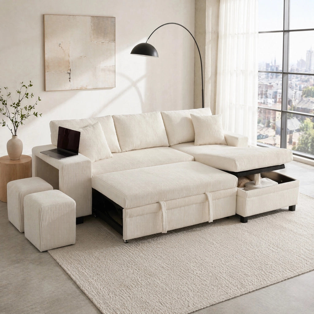 Divano letto angolare 231x131,5 cm con contenitore, USB e USB-C in corduroy beige