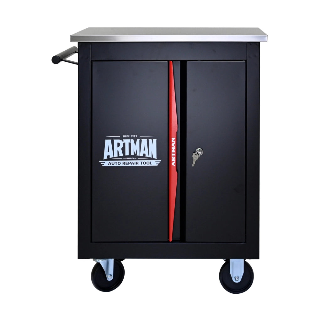 Carrello porta attrezzi multifunzione a due ante in acciaio nero e rosso con ruote e serratura