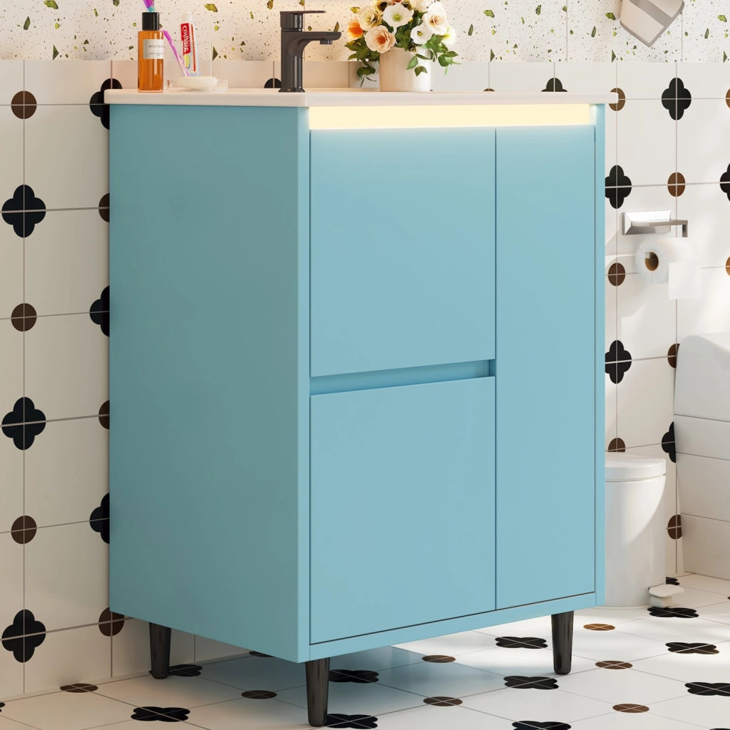 Mobiletto con lavabo freestanding in MDF e ceramica con 2 cassetti e anta blu 61 × 46.5 × 87 cm