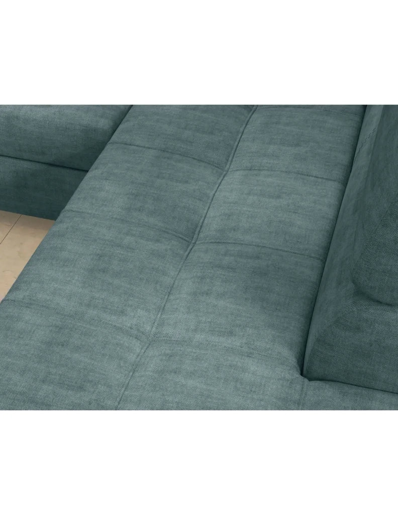 Divano angolare convertibile PALAZZO 4 posti verde blu – angolo sinistro con contenitore