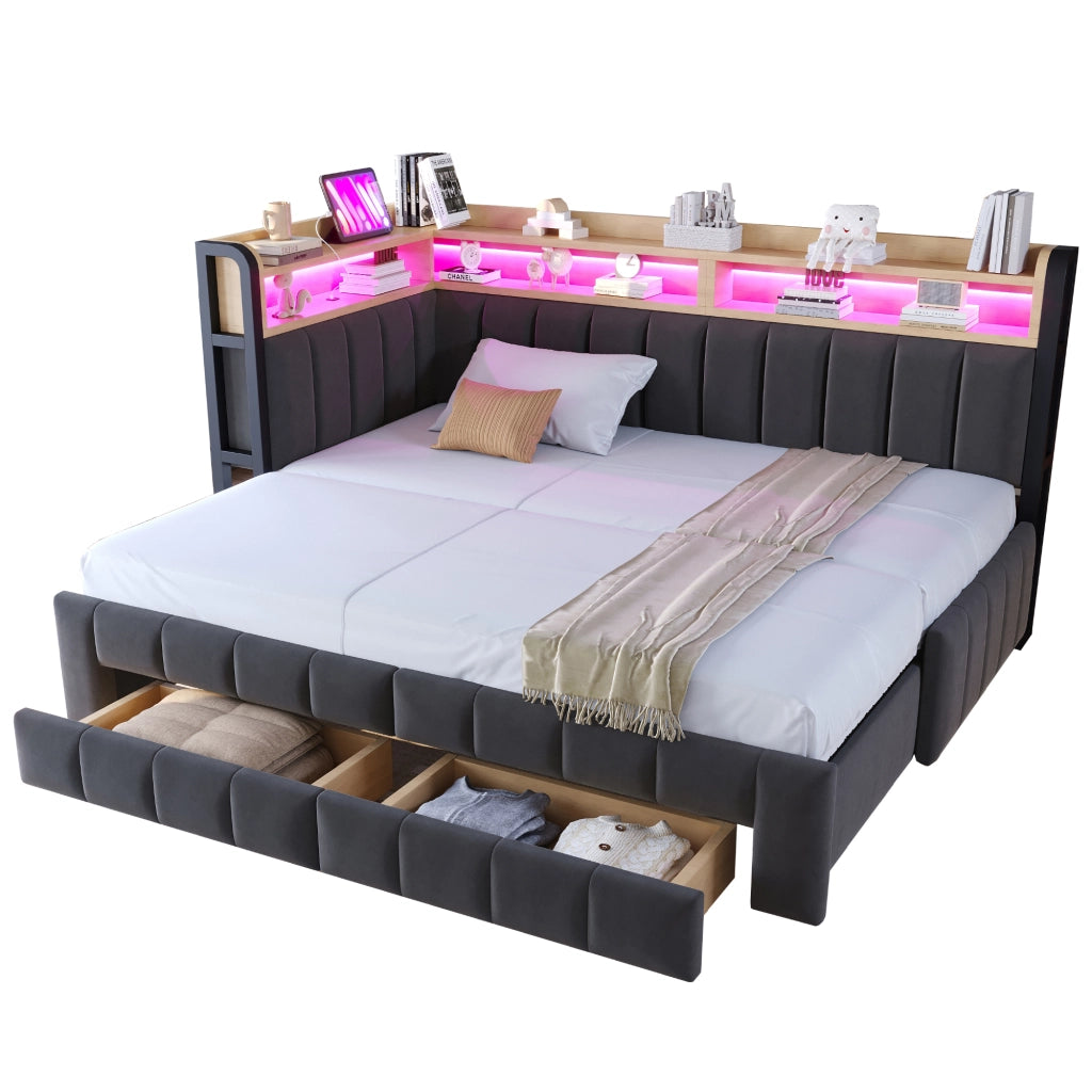 Letto estraibile 2 posti con 2 cassetti; LED regolabile; USB; Type-C e vani 90 × 200/180 × 200 cm