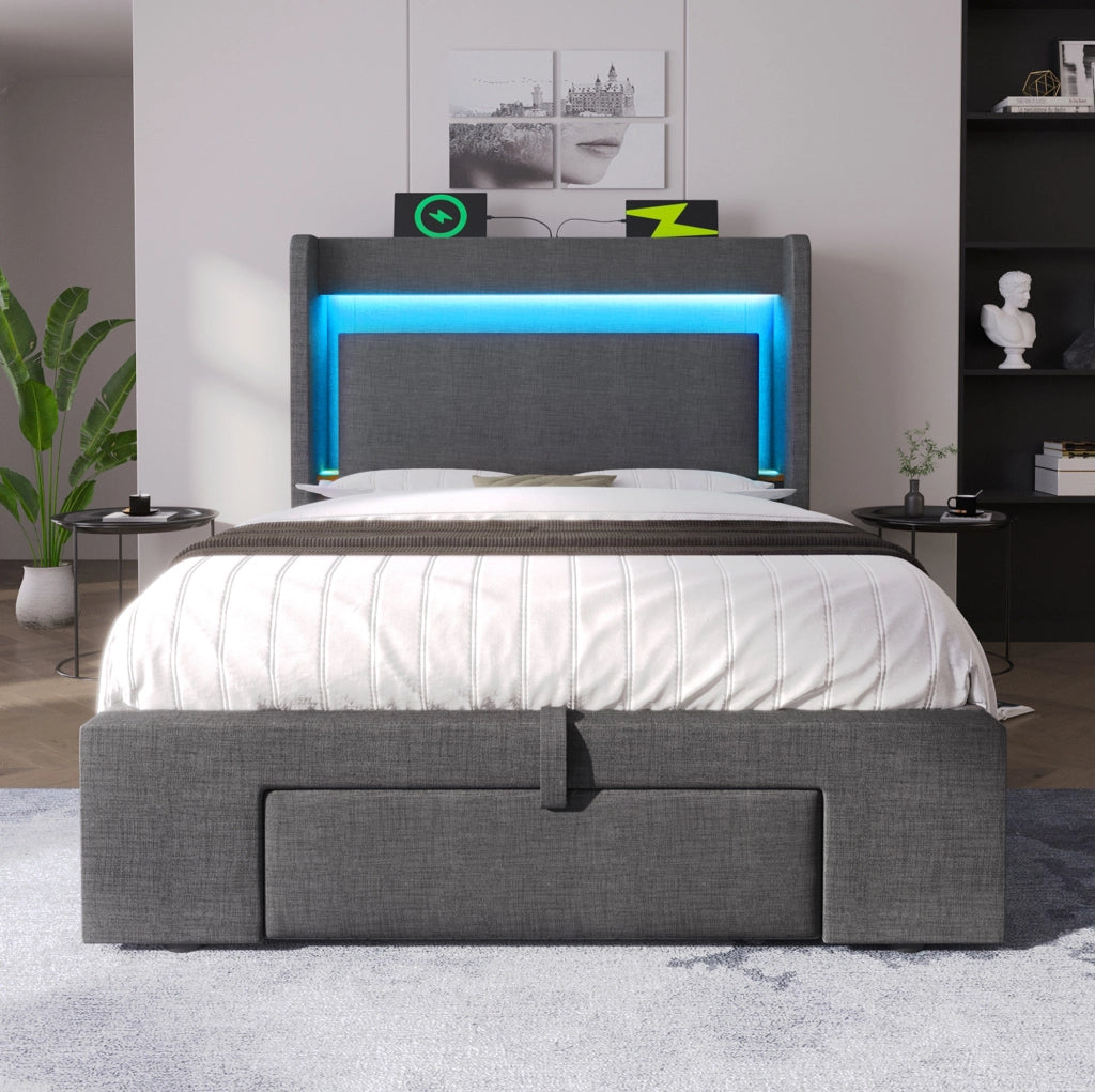 Letto singolo 90x200 con LED, ricarica USB-C e materasso