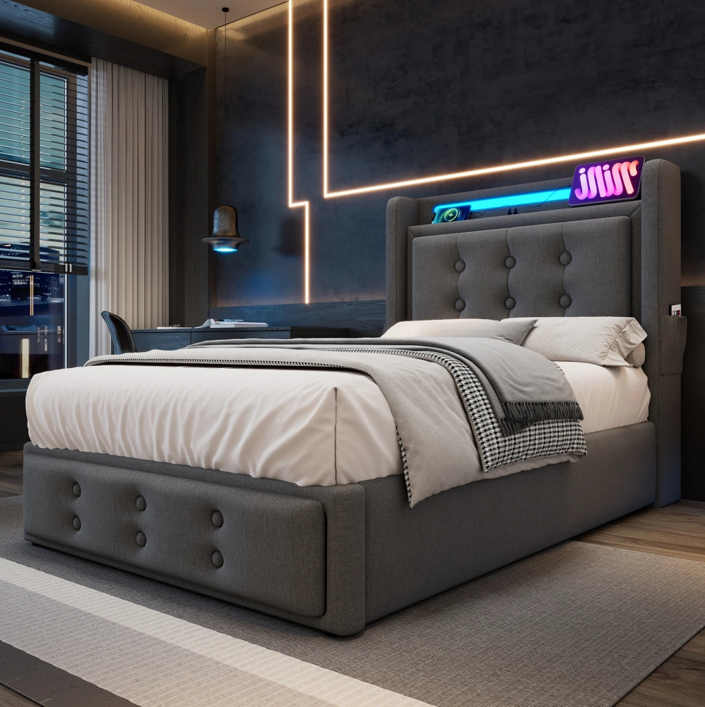 Letto singolo imbottito 90x200 cm con testiera in pelle, funzione di ricarica USB-C, struttura in legno e metallo, portata 150 kg, grigio