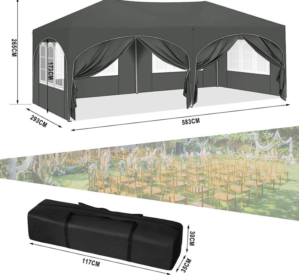 Gazebo pieghevole 3x6 m grigio con 6 pareti e protezione UV50+