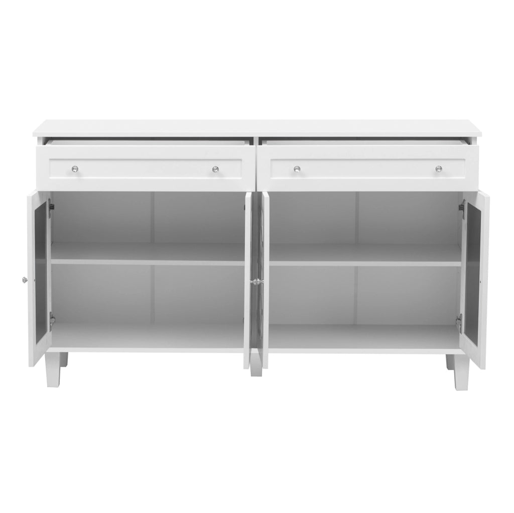 Credenza da 140 cm con 4 ante a specchio e 2 cassetti in MDF bianco