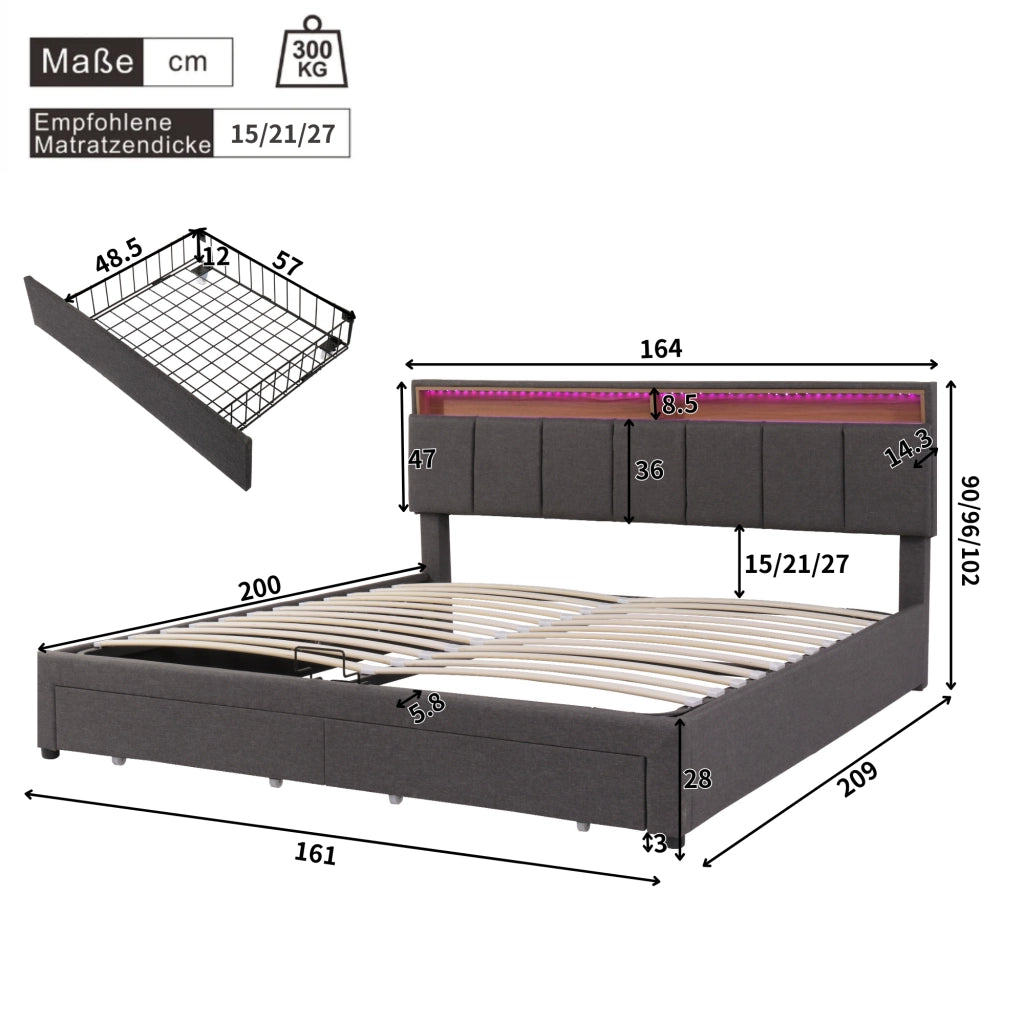 Letto imbottito matrimoniale 160x200 cm con LED; rete a doghe; contenitore; grigio scuro in lino e acciaio