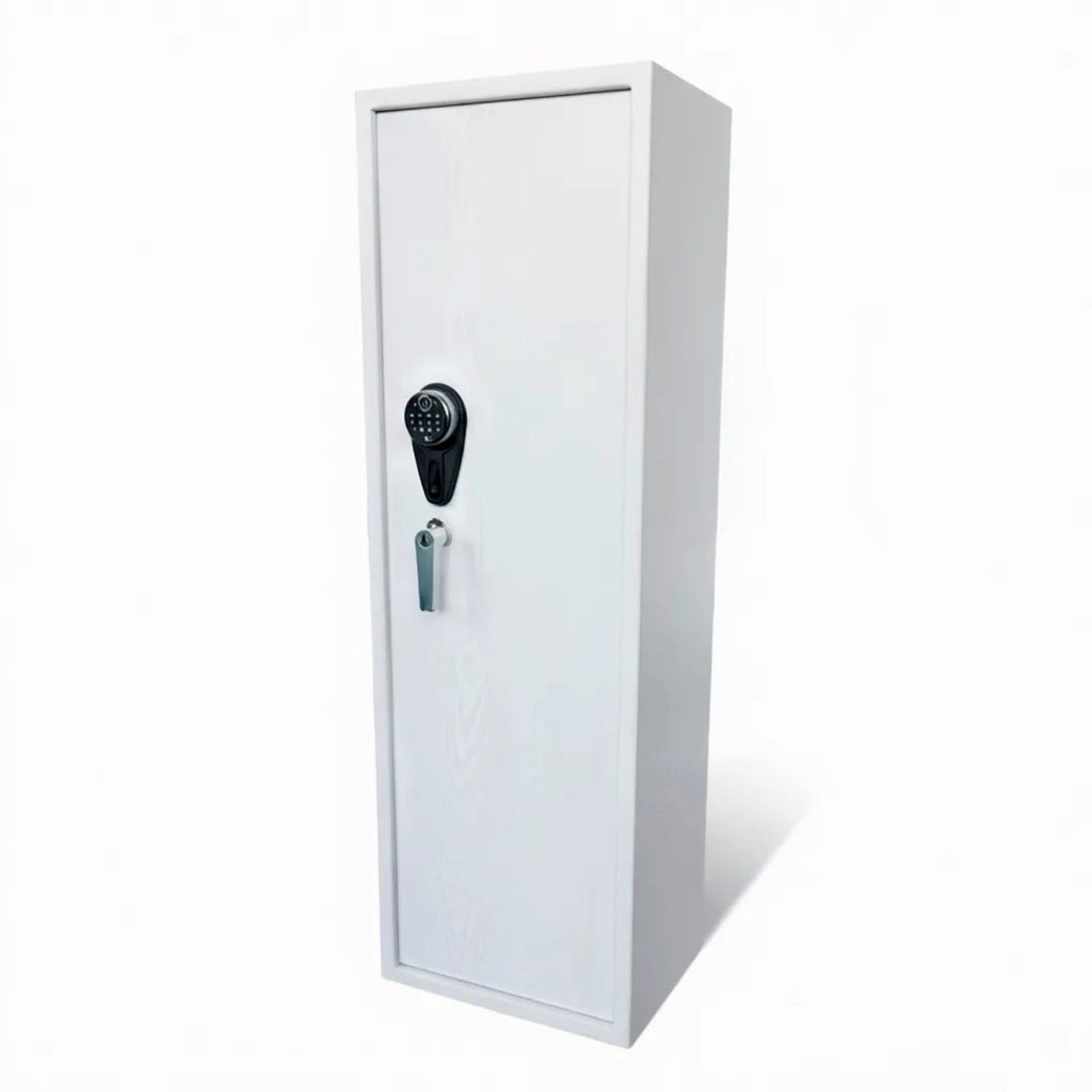 Armadio Blindato Portafucili Per Armi In Acciaio Con Serratura Digitale E Chiave Cassaforte Sicura Tesoretto Tasca Porta Oggetti Fuciliera 3 Posti 148x30x25 Cm Bianco Frassinato