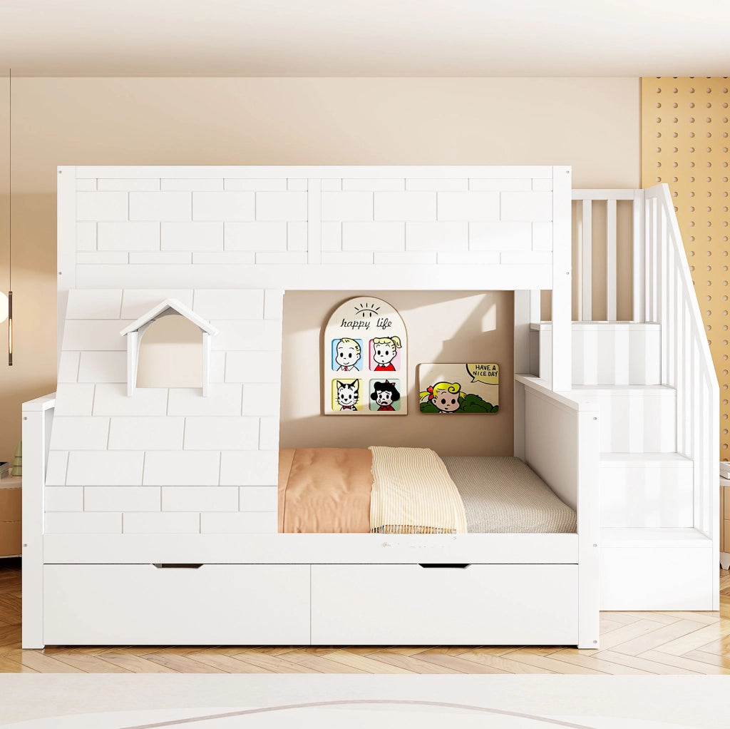 Letto a castello per bambini con scala contenitore; 2 cassetti e finestra; bianco
