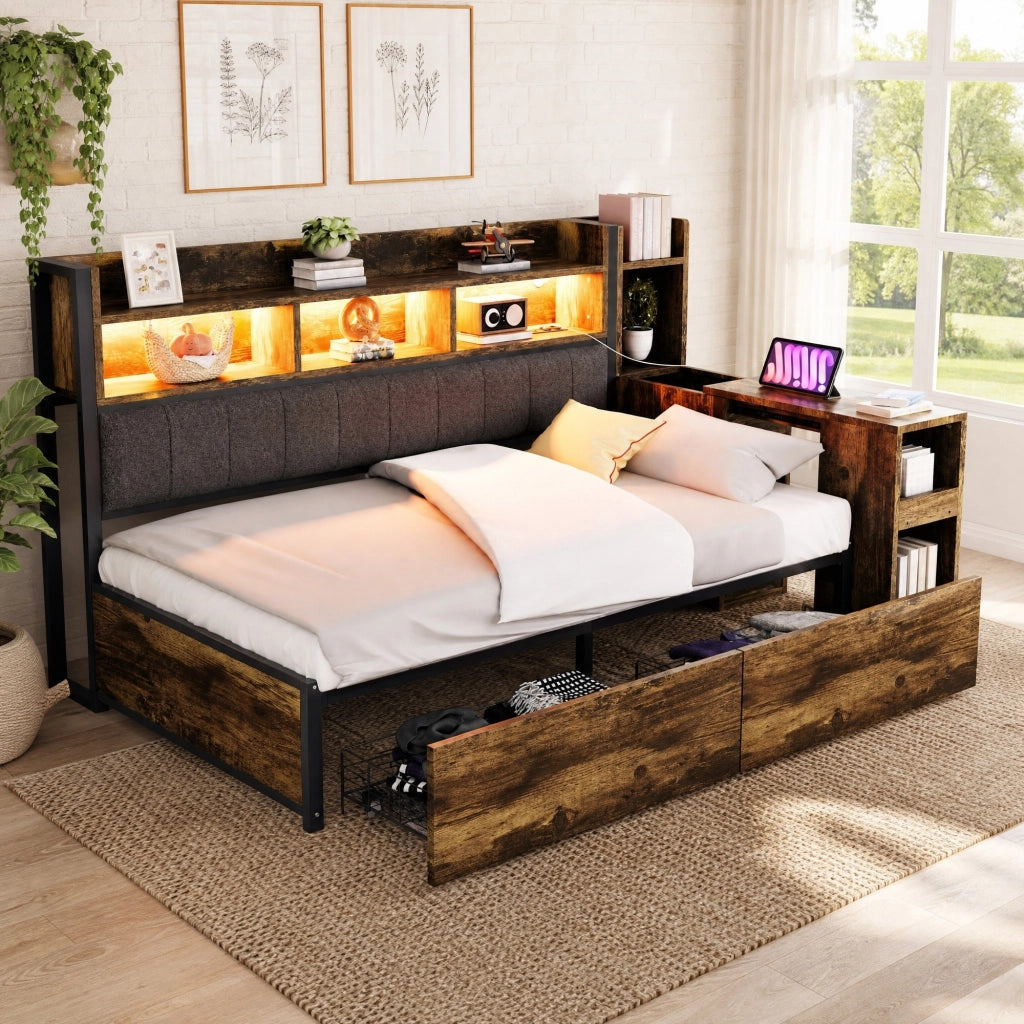 Letto singolo multifunzione 90x200 cm con scrivania estraibile; cassetti e prese integrate; legno naturale