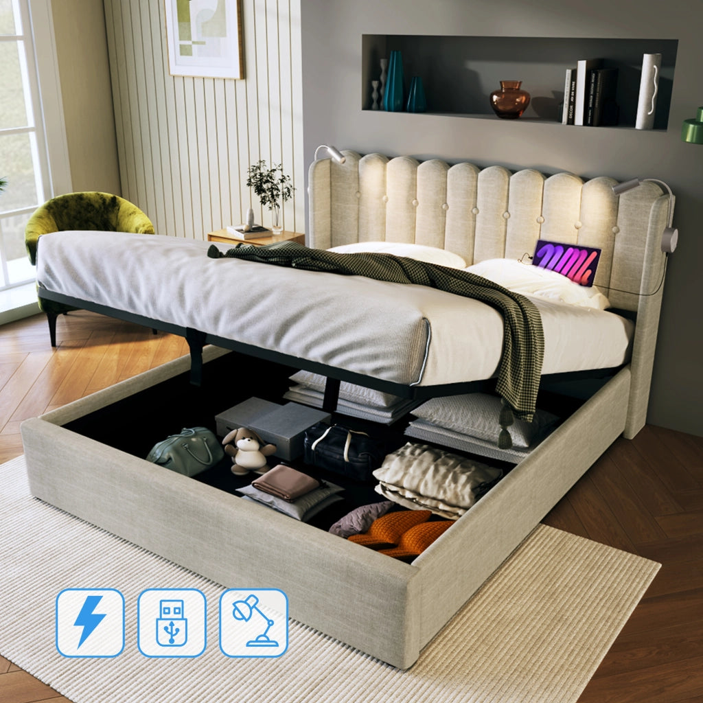LETTO Contenitore 140x200 cm in lino naturale con luce lettura e USB