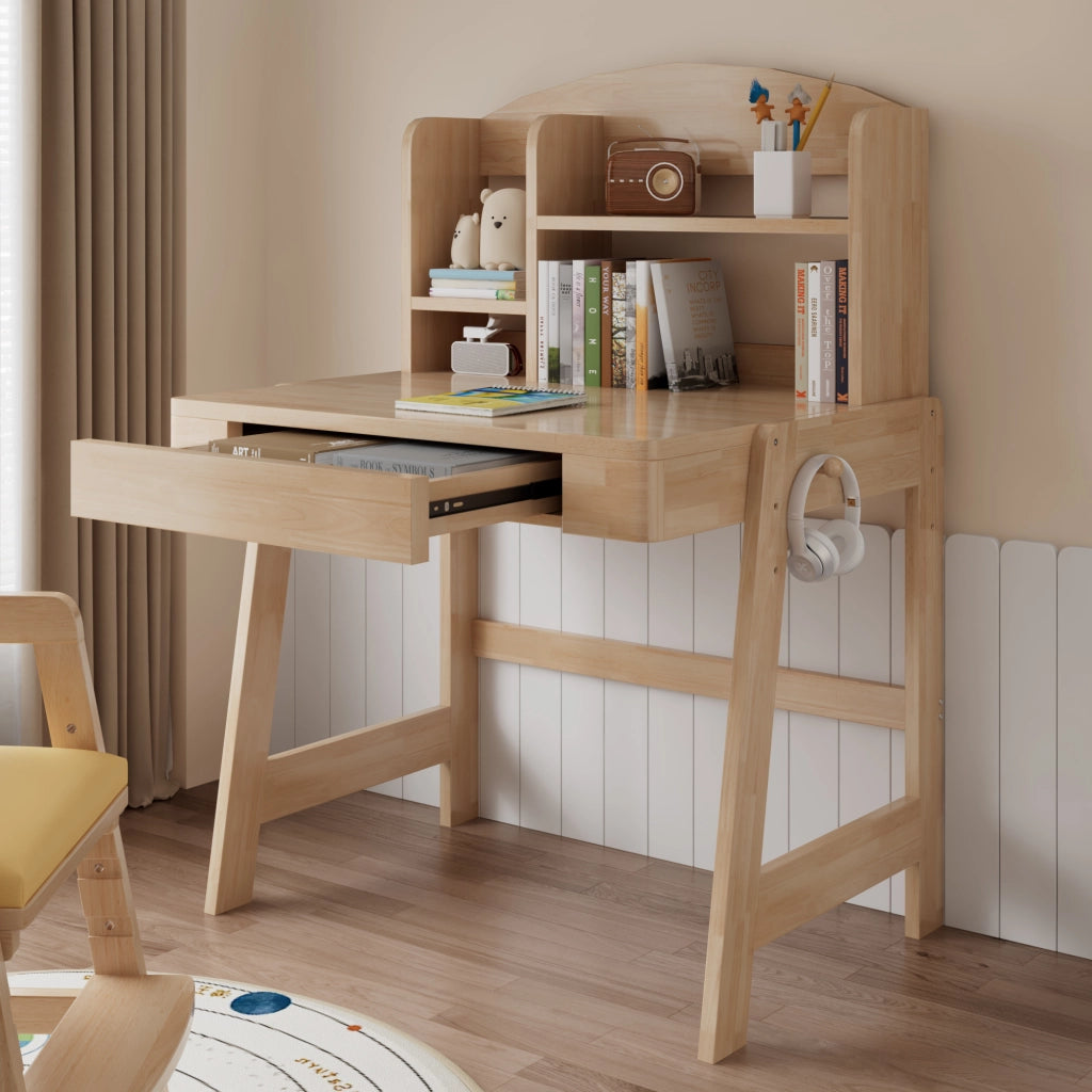 Scrivania lineare per bambini con altezza regolabile cassetto vano portaoggetti e gancio in legno naturale 60 × 88,2 × 118 cm