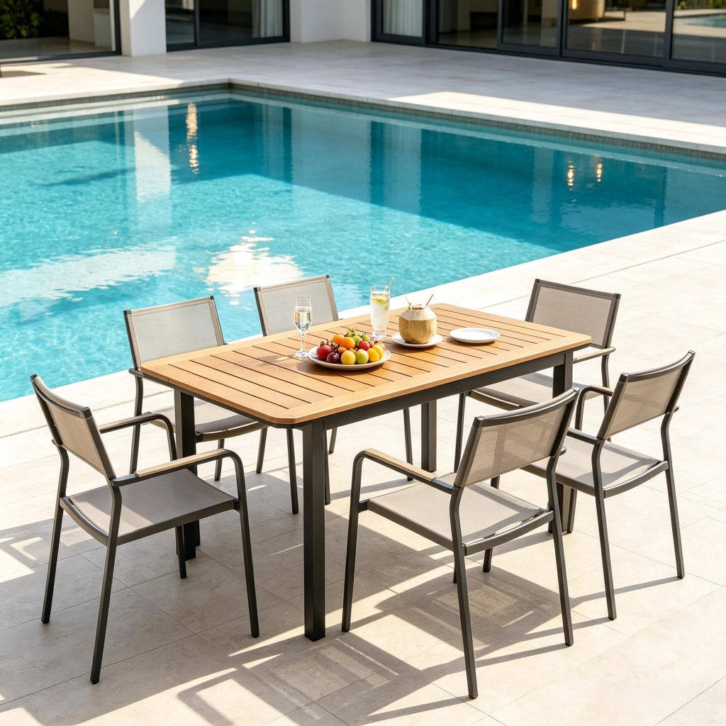 Tavolo da giardino rettangolare con piano effetto legno e telaio in metallo marrone 127 × 70 × 75 cm portata 50 kg